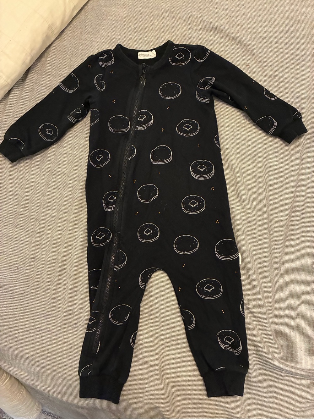 Miles Black Kids One-Piece Zipper Pajama with pancake print